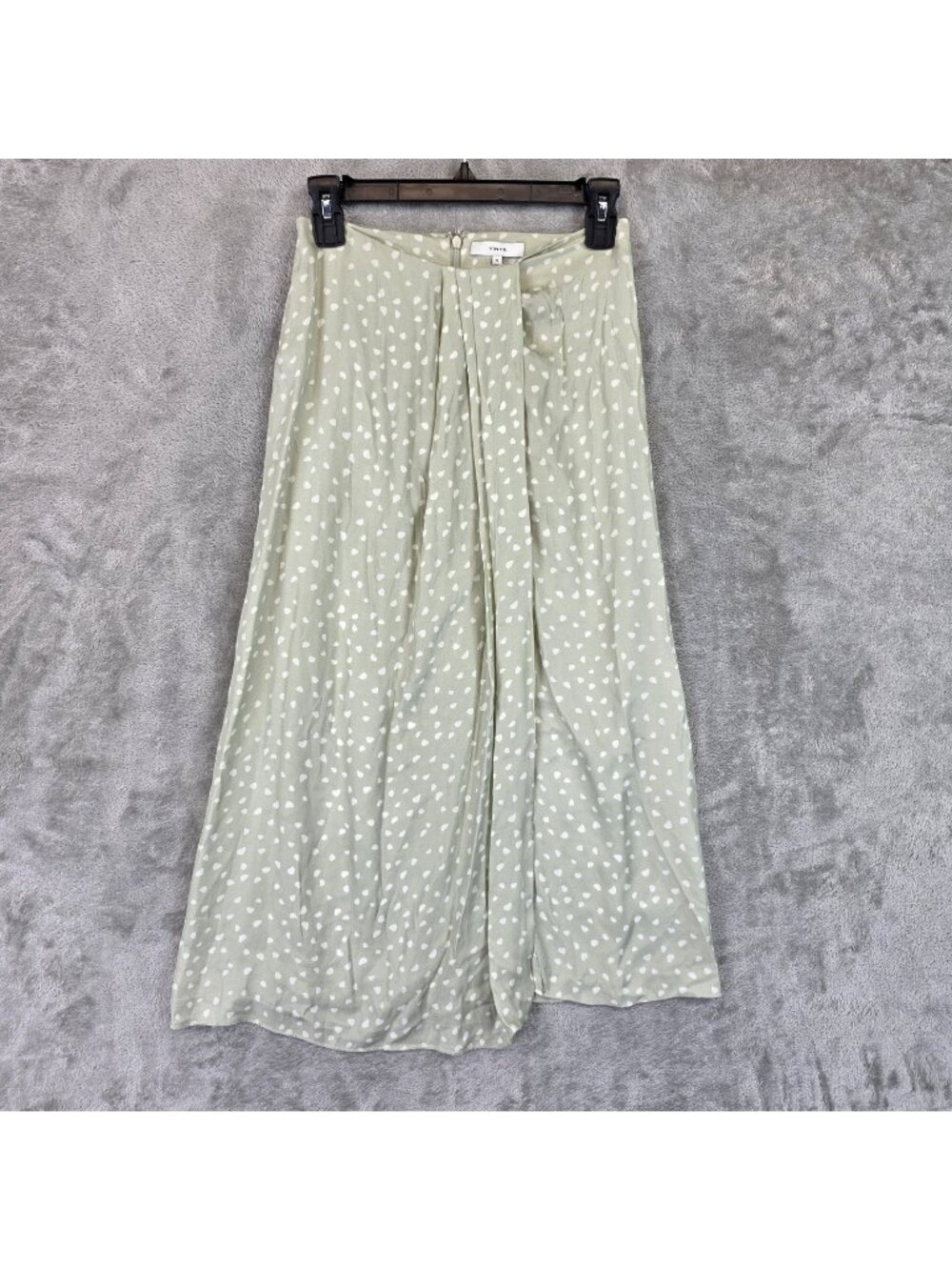 Vince Skirt Womens 00 Green Polka Dot Silk Rayon A Line Midi Pleated Slit